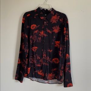 H&M Black and Red Floral Long Sleeve Button Up